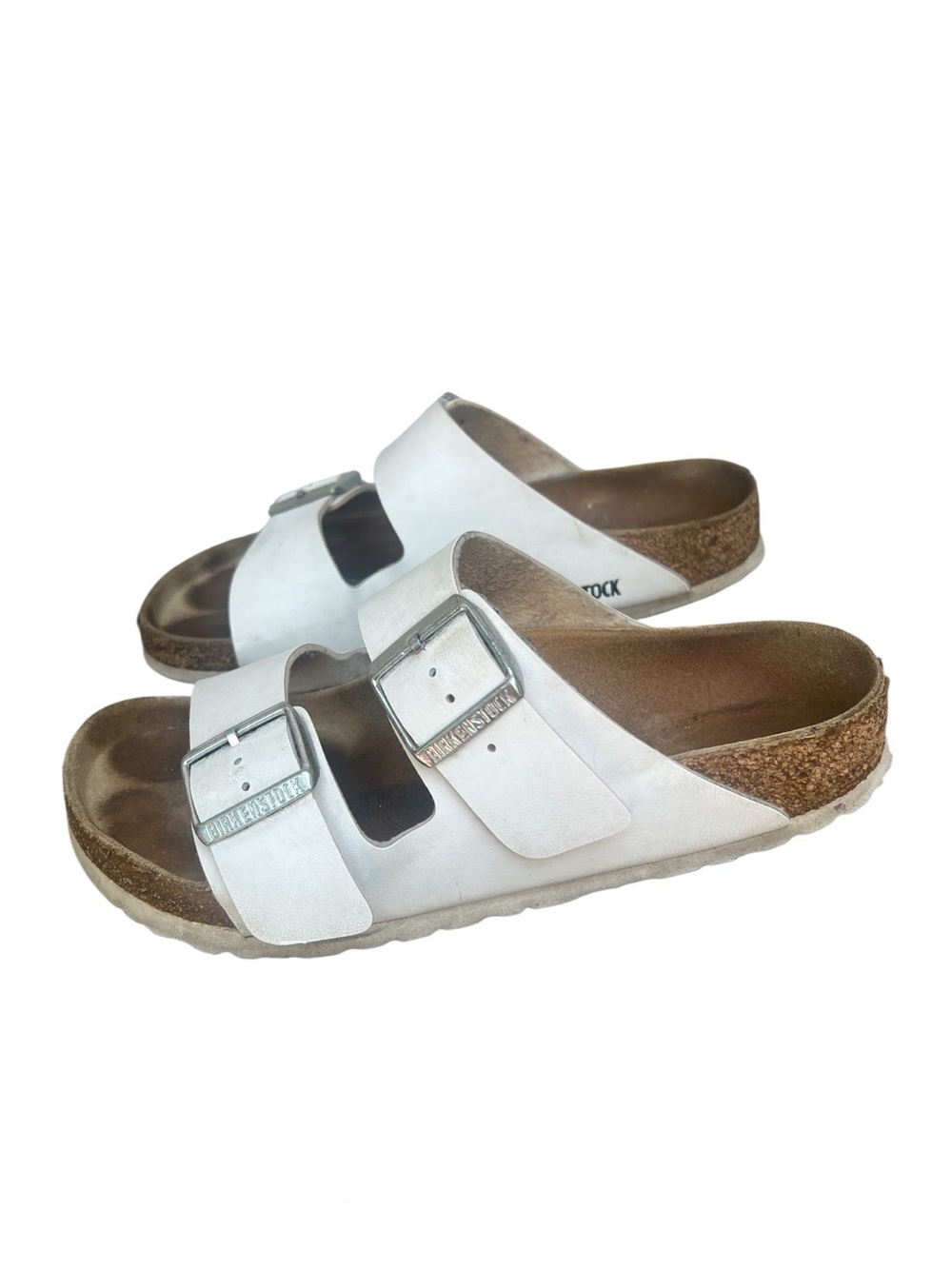 Birkenstock White Arizona Leather two strap cork footbed sandals. SZ. 6.5